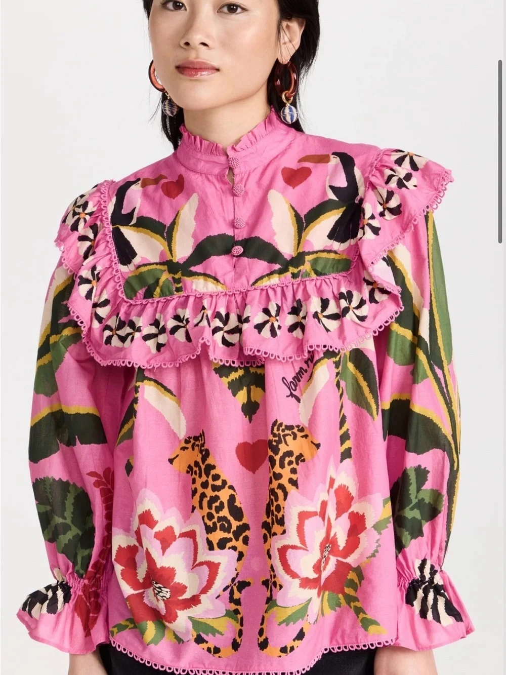 FARM Rio Pink Floral & Leopard-Print Ruffle Blouse Size Large NWT - Picture 3 of 5